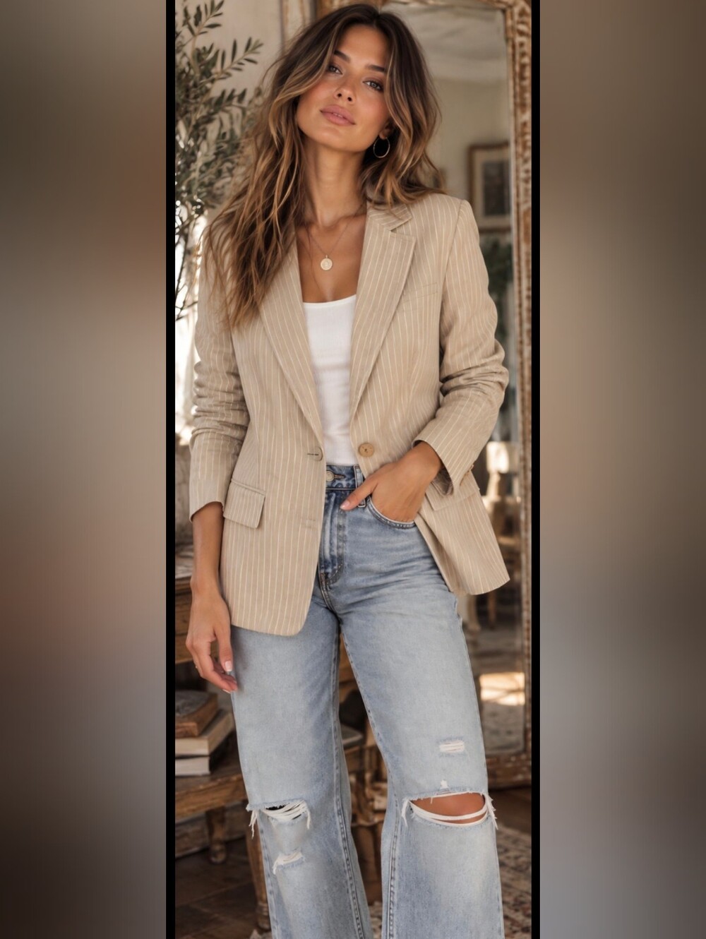 NWT Y2K Tan Pinstripe One Button Blazer